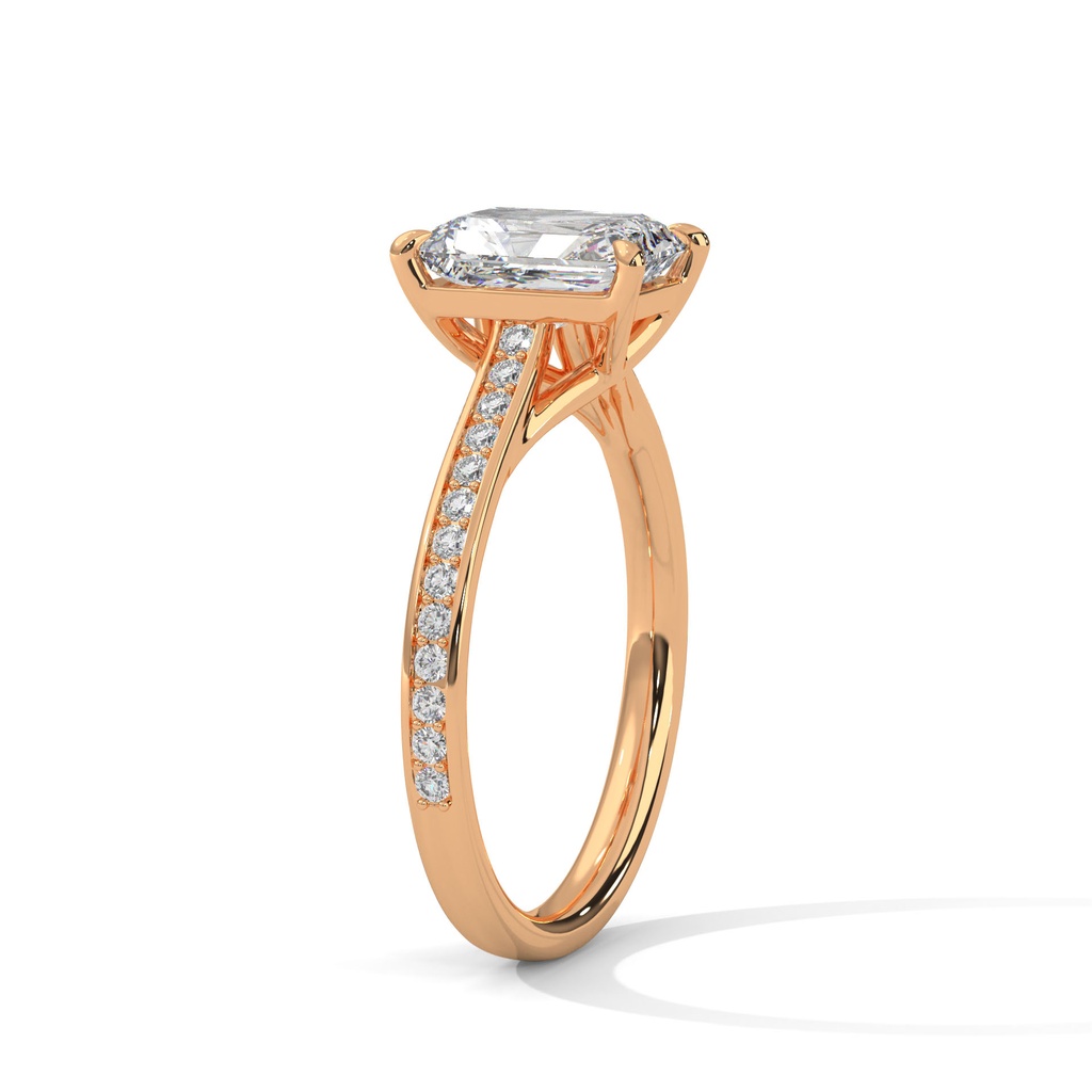 14K Rose Gold Emerald Cut Diamond Ring Pave diamodn setting view