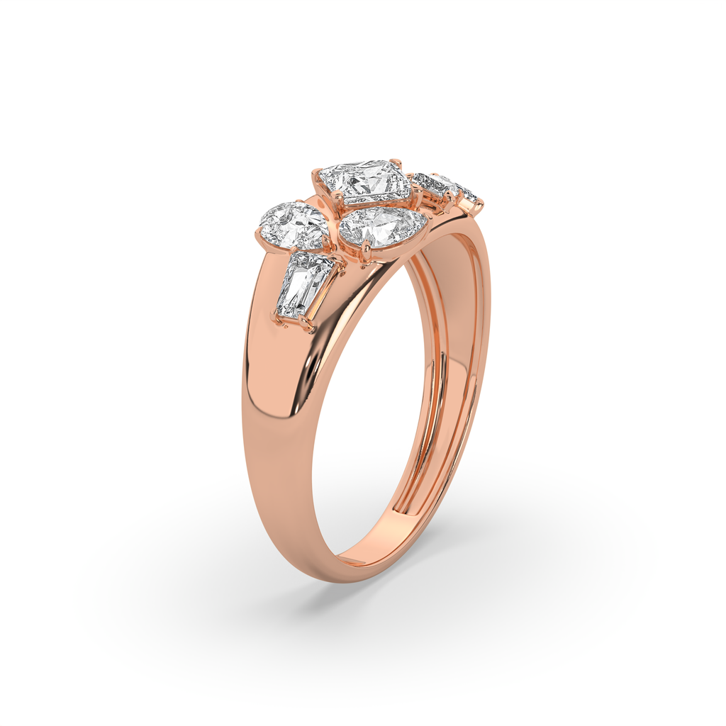 14k Rose Gold Multi -Stone Diamond Band Ring Top side View with Diffrent Cut Diamond Setting