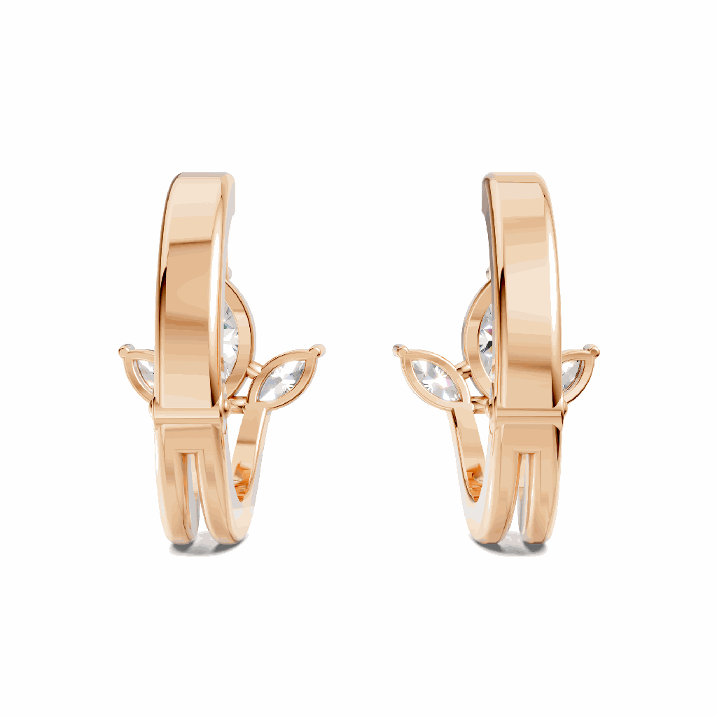 4K Rose Gold Petal Spark Hoops back perspective view showing the hinge detail