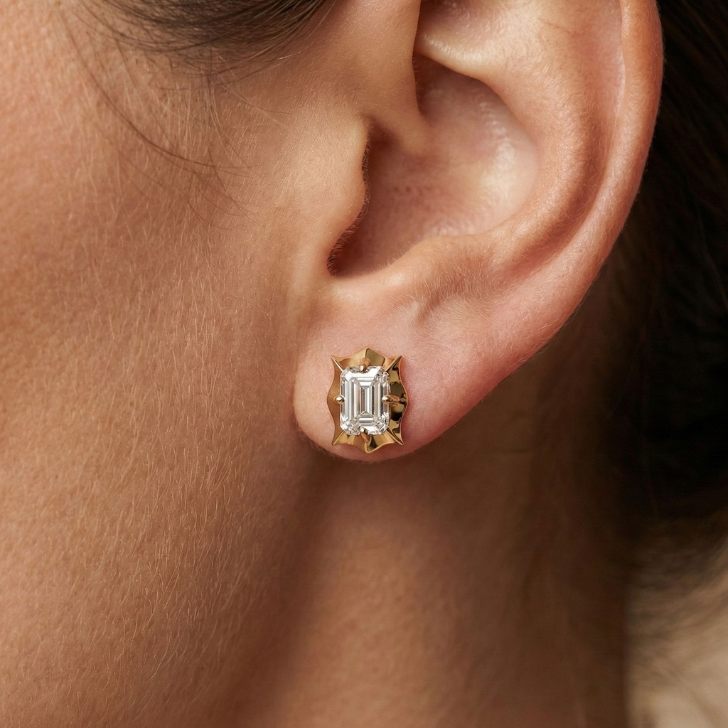 14K Rose Gold Apex Diamond Studs worn on a model's ear to show size and sparkle