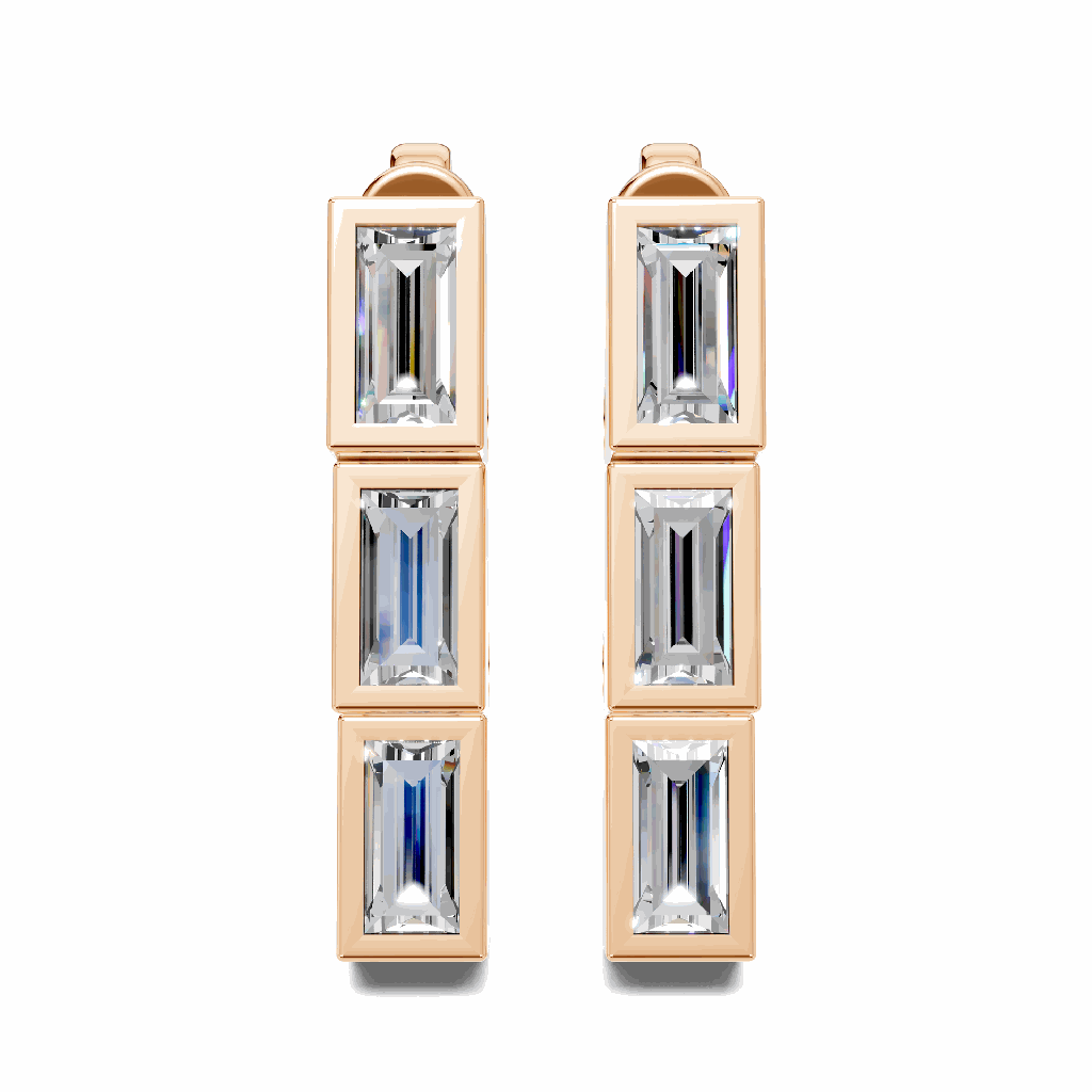 14K Rose Gold Prism Drop Earrings front view showing the triple stacked baguette diamond design