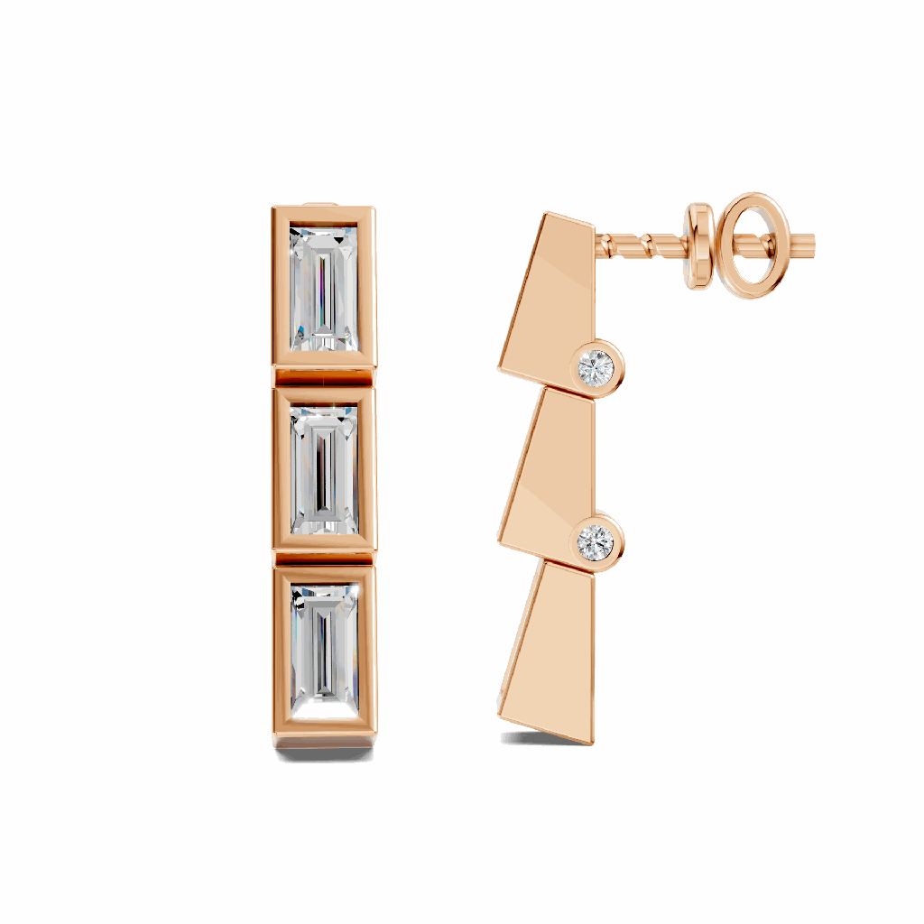 14K Rose Gold Prism Drop Earrings back and side view showing the secure post and setting depth