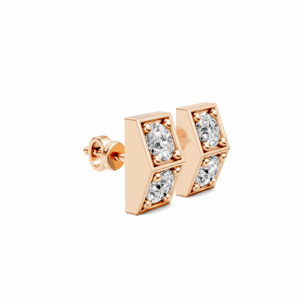 14K Rose Gold Nova Twin Studs side perspective view highlighting the curved setting and earring post