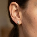 14K Rose Gold Nova Twin Studs worn on a model's ear to show scale and sparkle