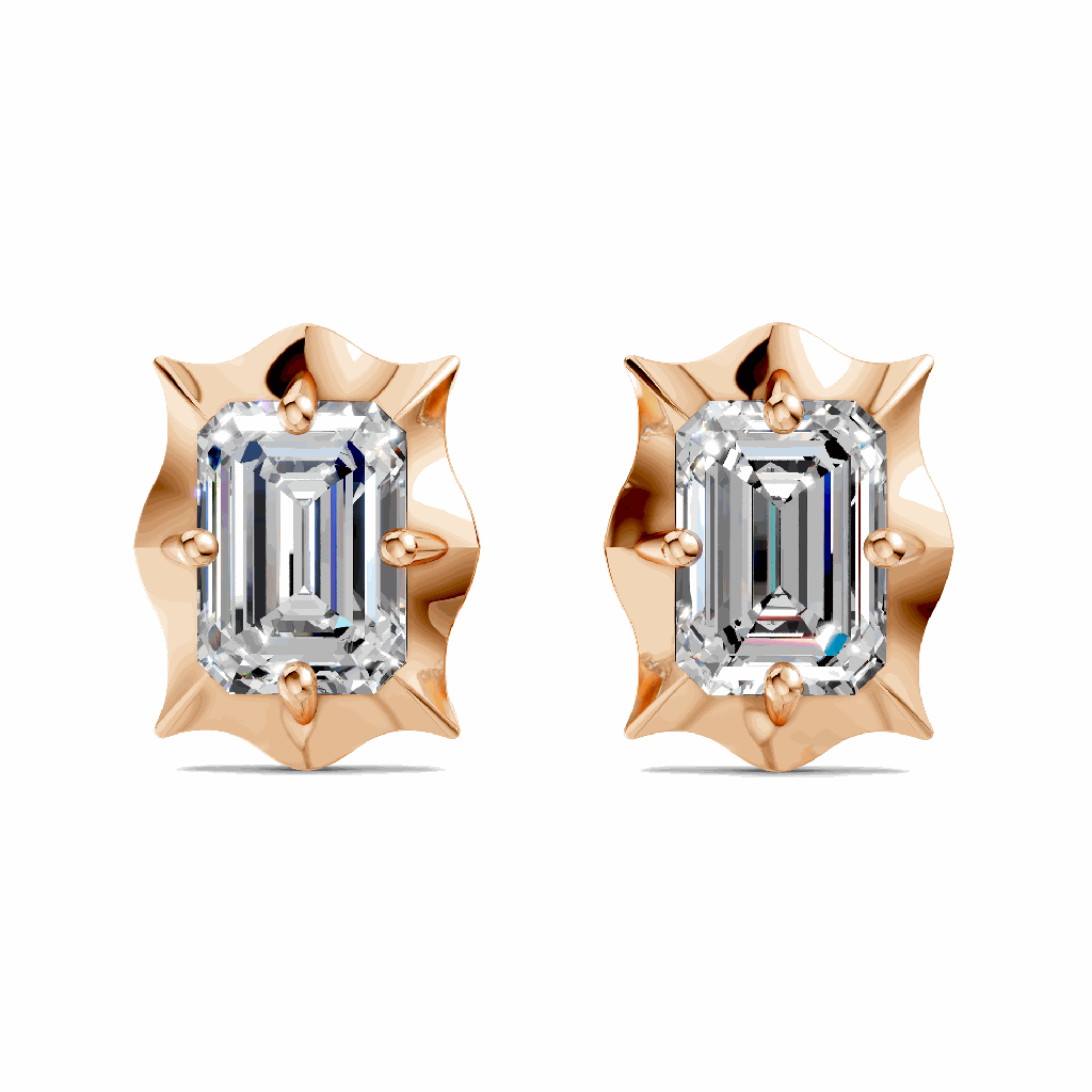 14K Rose Gold Apex Diamond Studs front perspective view showing the sharp geometric diamond setting