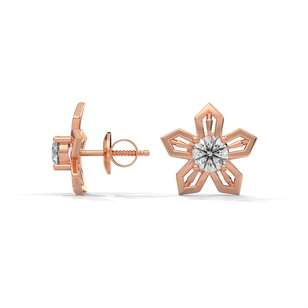 14K Rose Gold Snowflakes Diamond Studded Earring side profile view showing the earring post