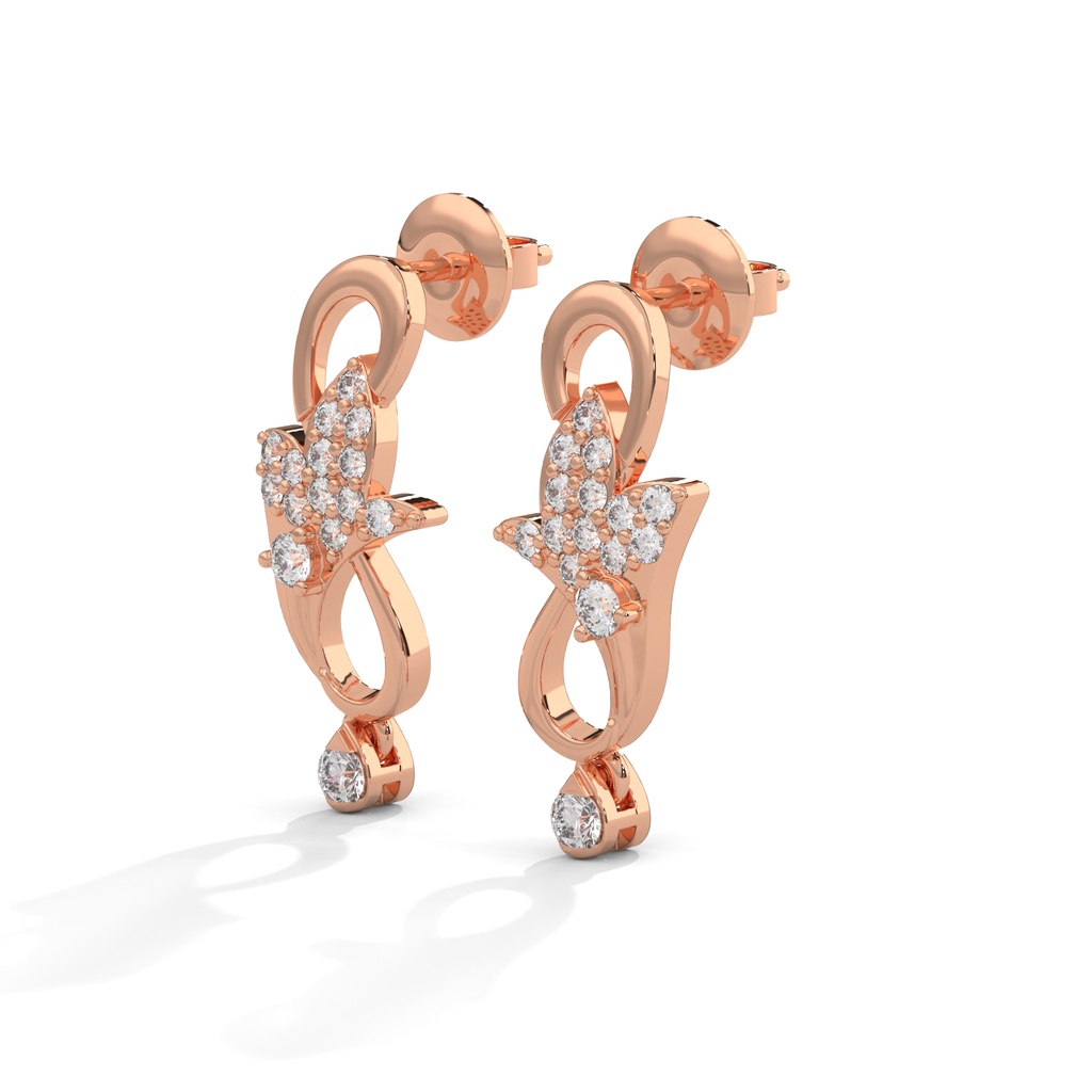 14K Rose Gold Leaf Motif Diamond Earring side profile view showing the earring post